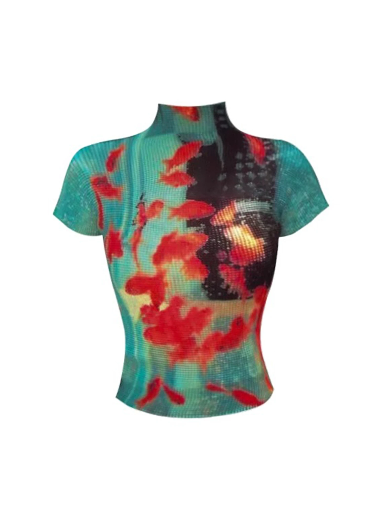 

Women's Green Graffiti Print Y2k T-shirt Gyaru Tee Top 2000s Vintage Shoujo Girl Short Sleeve Turtleneck Cropped T-shirt Summer