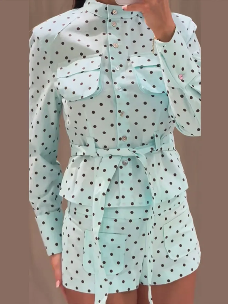 Polka Dot Shorts Set Women Stand Collar Long Sleeve Tie Waist Top High Waist Side Pockets Pants 2026 Summer Casual Chic Outfit - Image 6