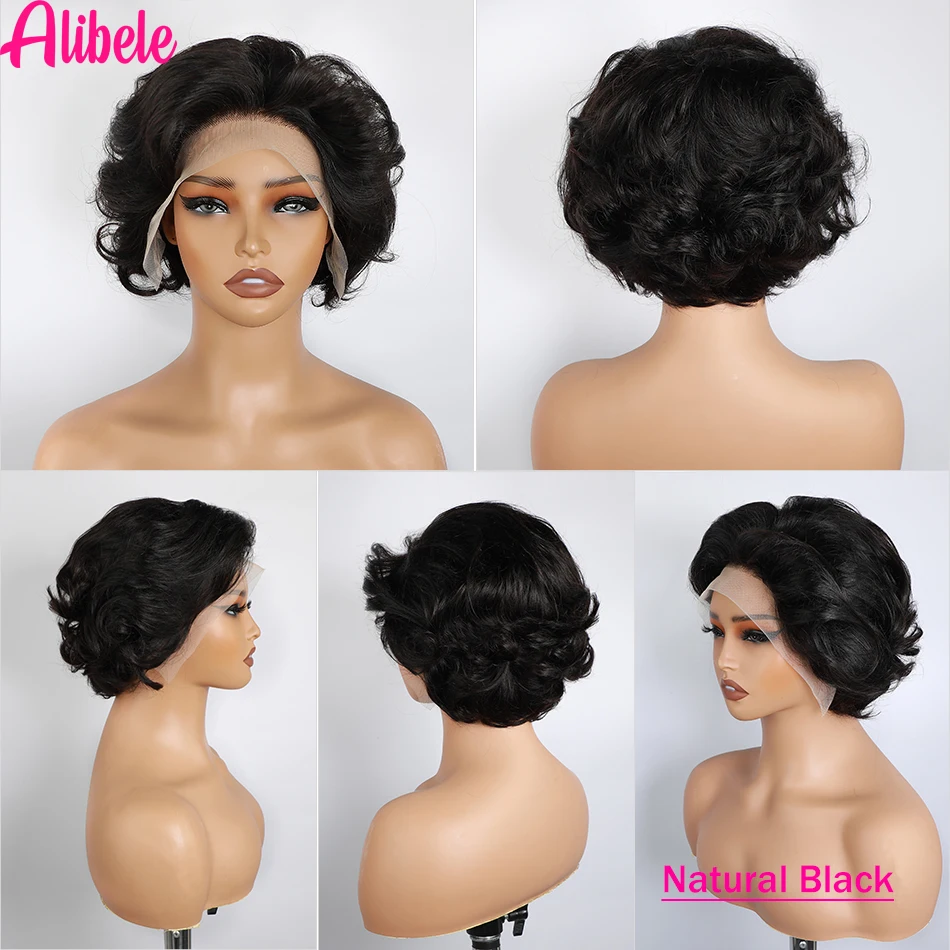 Alibele-Perruque Full Lace Front Wig Remy Naturelle, Cheveux Courts, 13 Tages, 6 Pouces, Balayage P4/27, Densité 180%