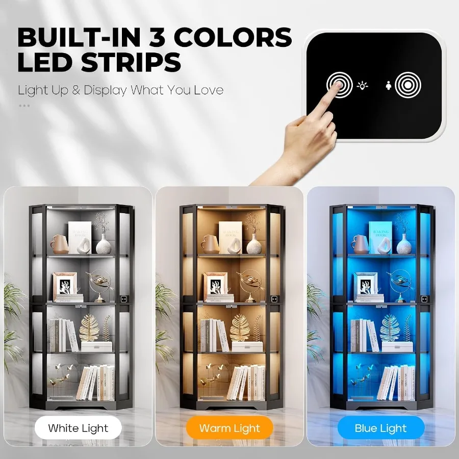 Lighted Corner Display Cabinet with Glass Doors for Collectibles view 3