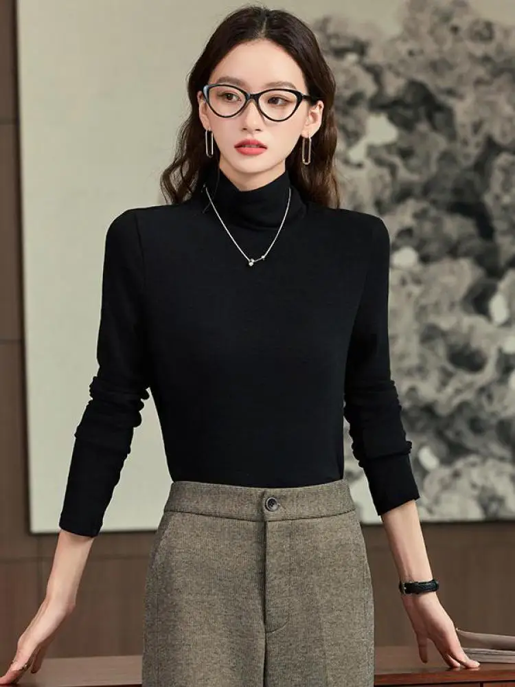 

Korean Version Women 2025 Autumn Winter Solid High Neck Office Lady Long Sleeved T Shirt Fashion Commuting Workwear Tops Popular