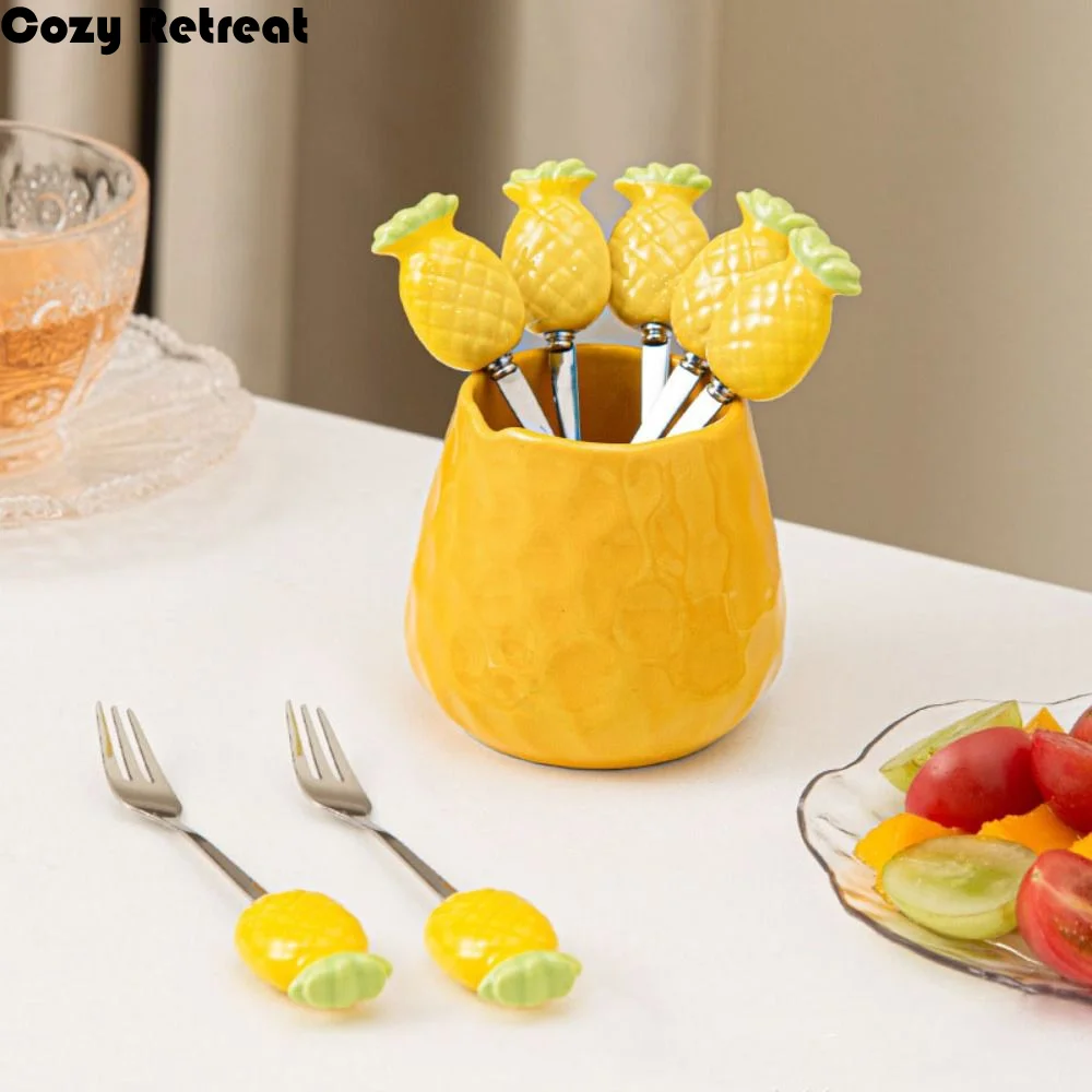 

Набор керамических вилок для фруктов в форме ананаса и моркови, креативные вилки для десертов в стиле Ins с банкой для хранения, декор для дома