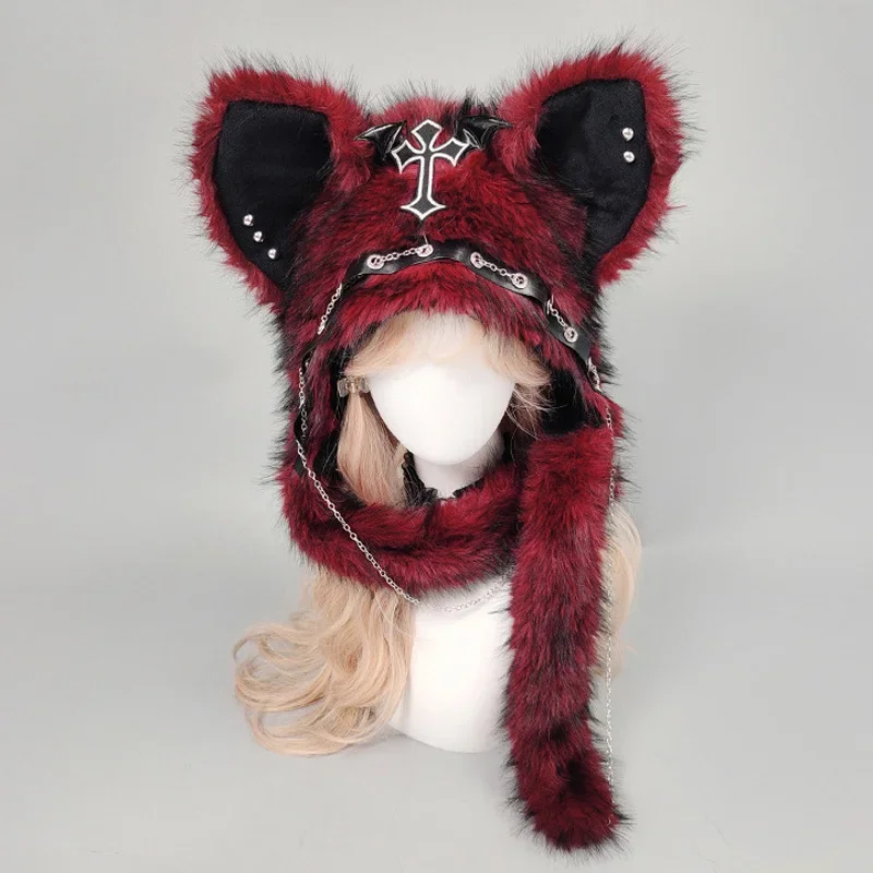 Chapéu medieval cruzado fofo, chapéu de pelúcia estilo gótico escuro, inverno picante, menina, orelha de gato, dia das bruxas, estilo punk, rock, chapéu quente