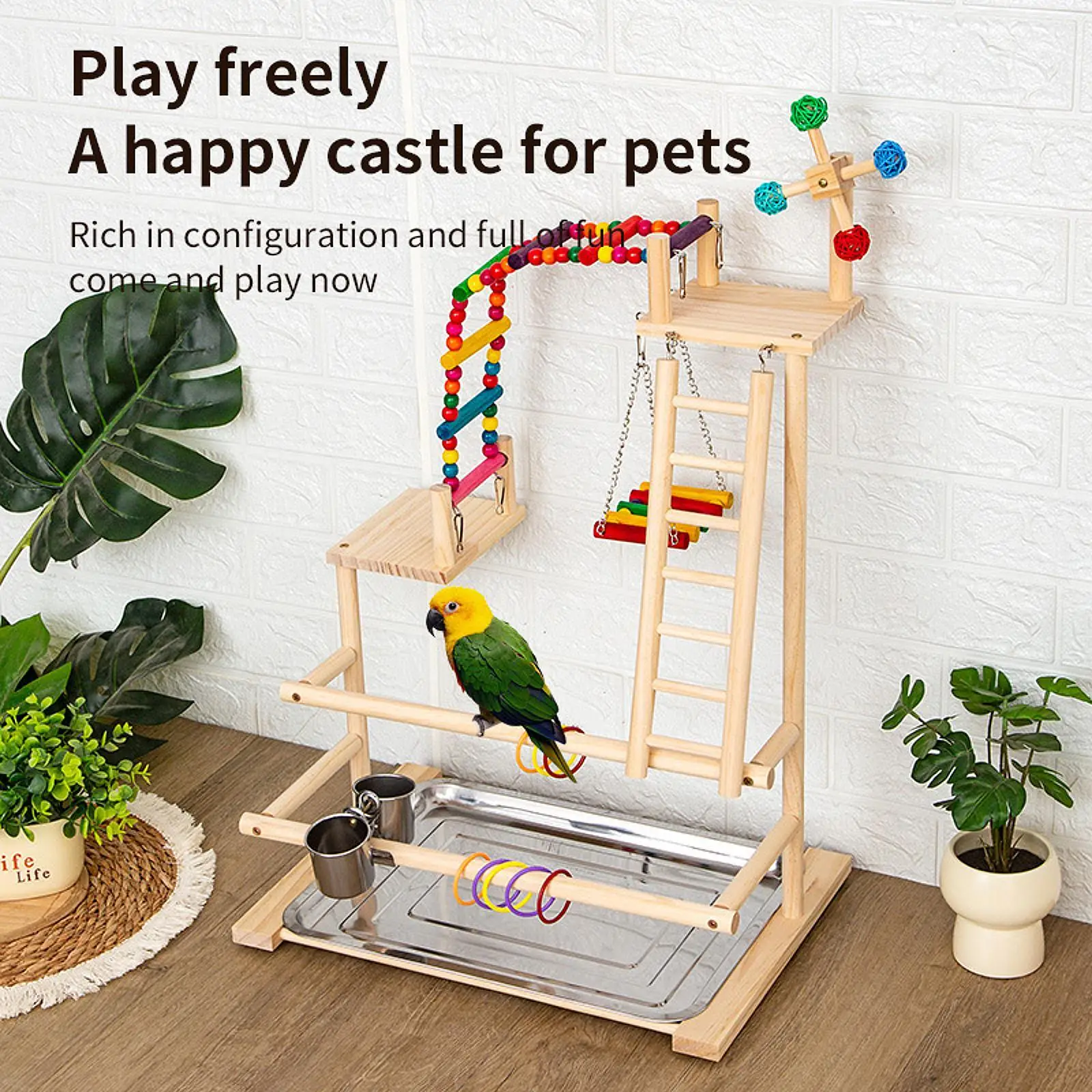 Parrot Playstand with Feeding Cups Multifunctional Bird Playground Activity Center Playstand,for Climb Training Station Platform