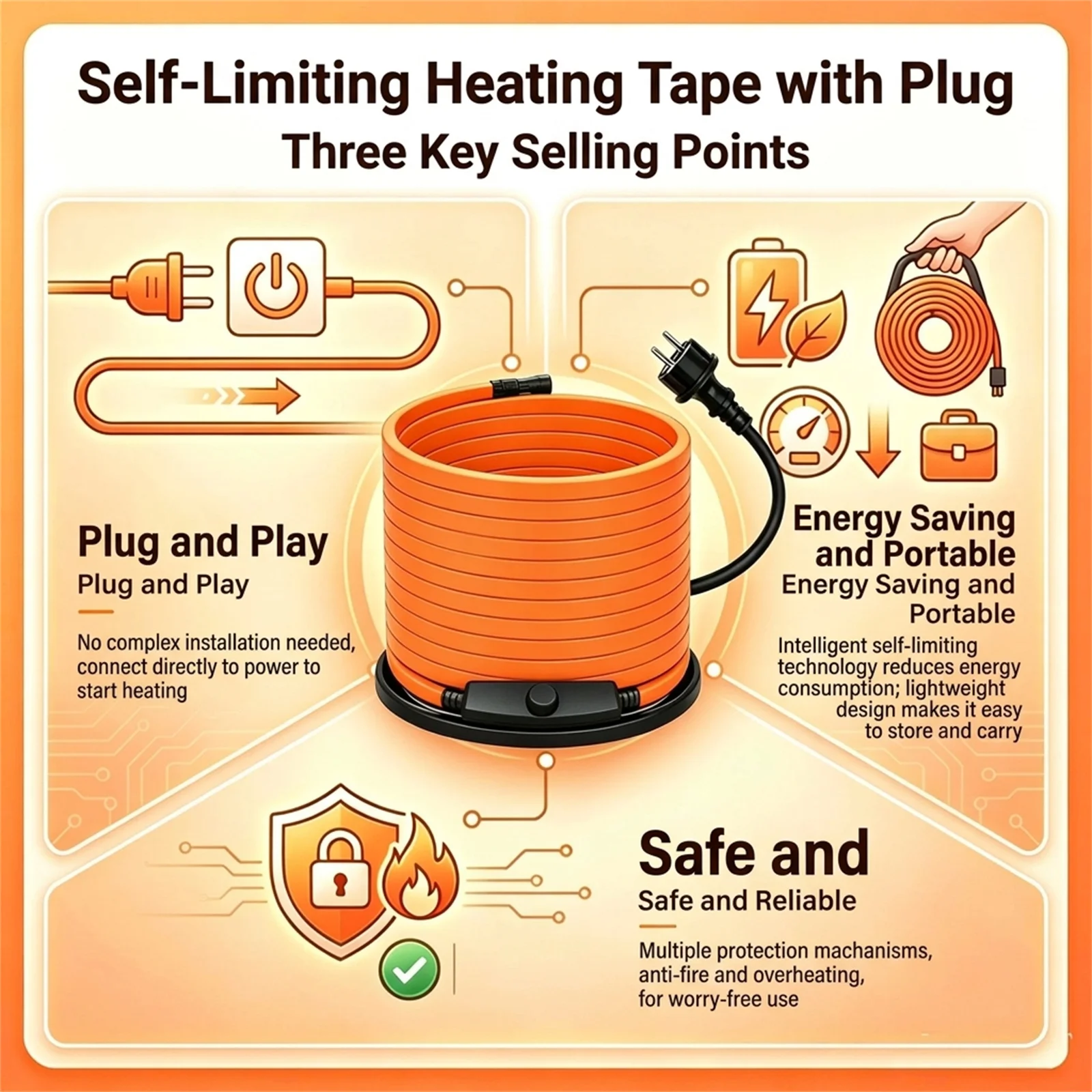 Industrial Heating Cable Self Regulating Heat Tape for Water Pipes Freeze Protection PVC Insulated Outdoor Winter Guard