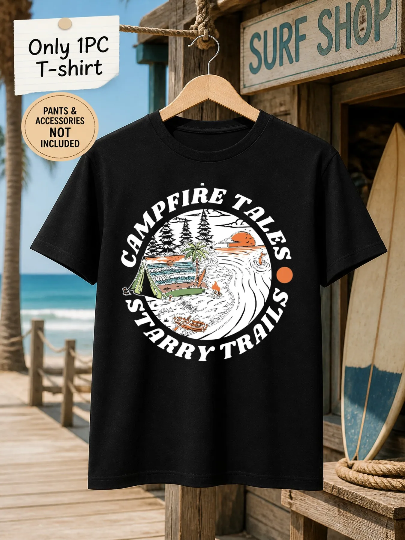 1pc Mens Graphic T Shirt Campfire Tales Starry Trails Beach Camping Short Sleeve Crew Neck[solely 1pc T-SHIRT]