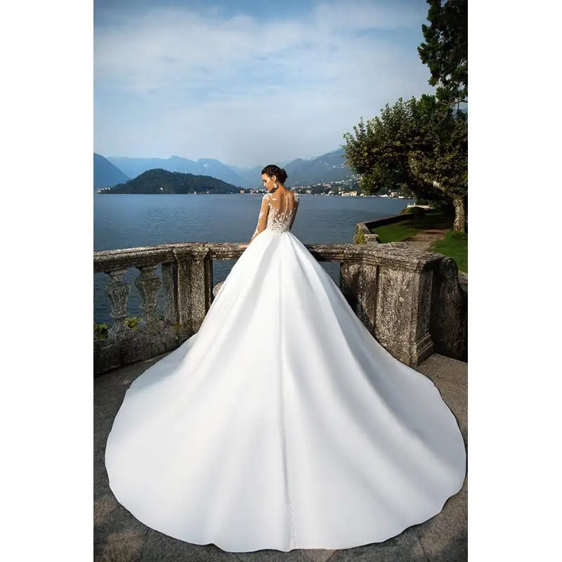 New Wedding Dress With Long Sleeves Satin Fabric High Waist Simple Half Perspective Dress Long Tail Slimming Dress Customized