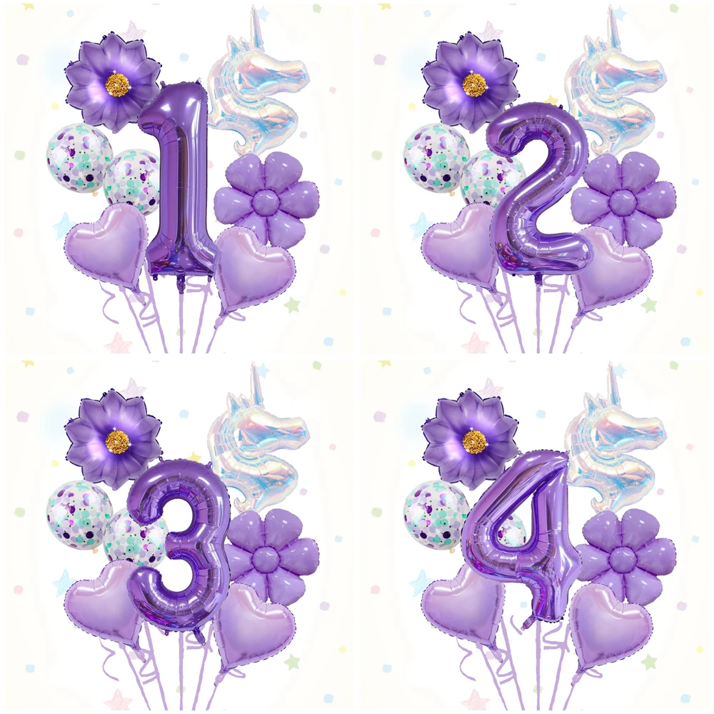 Transparentes Einhorn, lila Gänseblümchen 32-Zoll-Digital-Ballon-Set, geeignet für Geburtstage, Duschtops, Jubiläen, Hochzeiten
