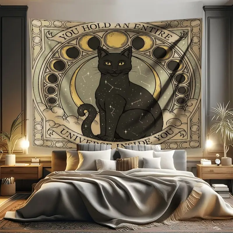 VIKAMA Tarot Black Cat Wall Tapestry Moon Phase Celestial Pattern For Living Room Bedroom Vintage Wall Cloth Home Decor