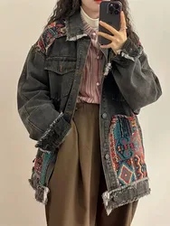 Vintage Boho Embroidery Denim Jacket Spring Autumn 2024 Long Sleeve Casual Loose Trend Folk-custom Stitching Raw Edge Jeans Coat