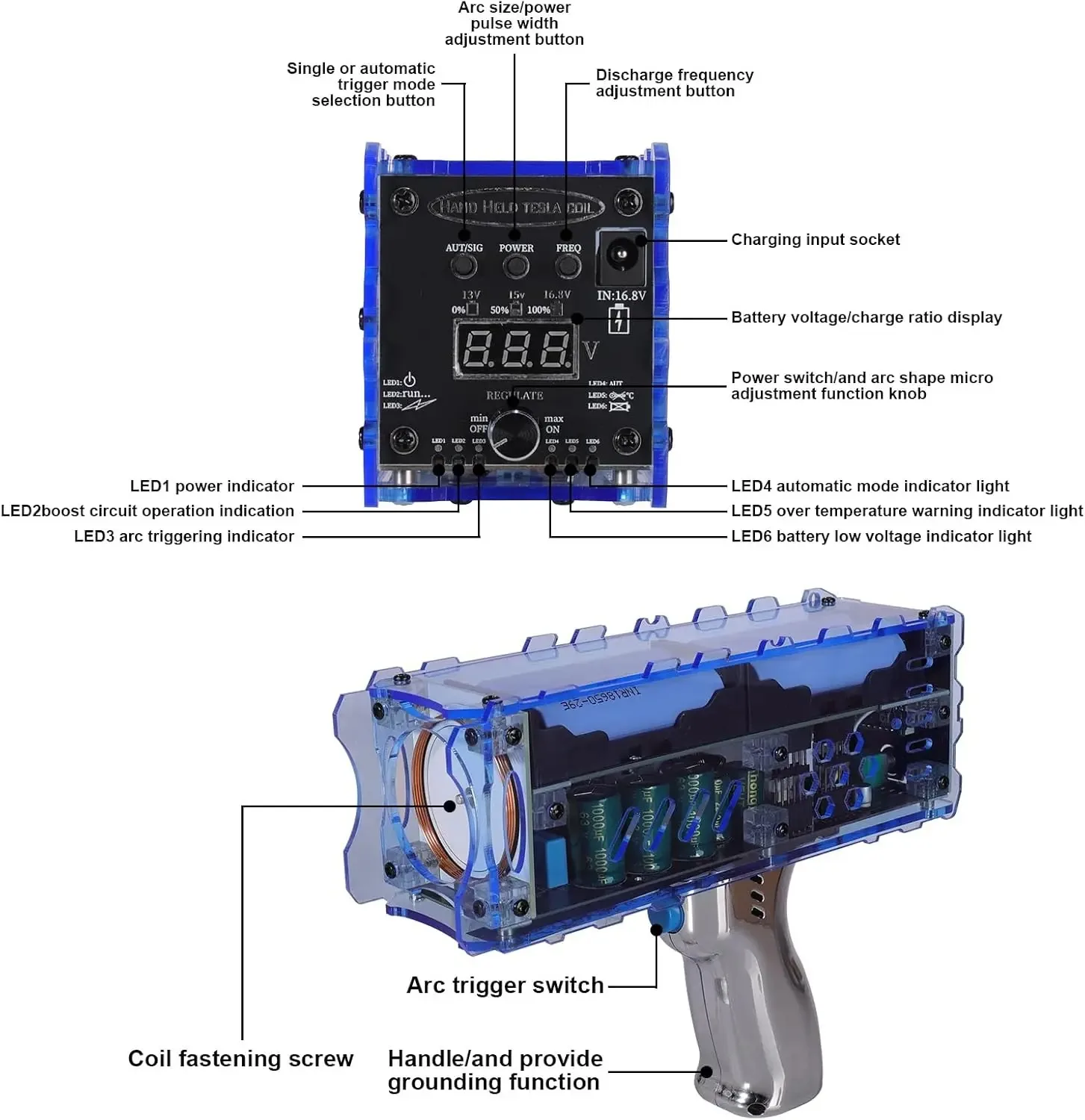 2025年最新 第4世代 ハンドヘルド テスラコイル パンクテックスタイル デコレーション 10CM 人工アーク 電圧表示付き