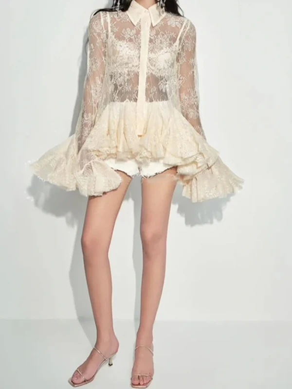 الصيف مثير الحلو الدانتيل أعلى جرس بوت تصميم تنفس رقيقة البوليستر طويل Sve طوق لون نقي Ele Sle Wome...