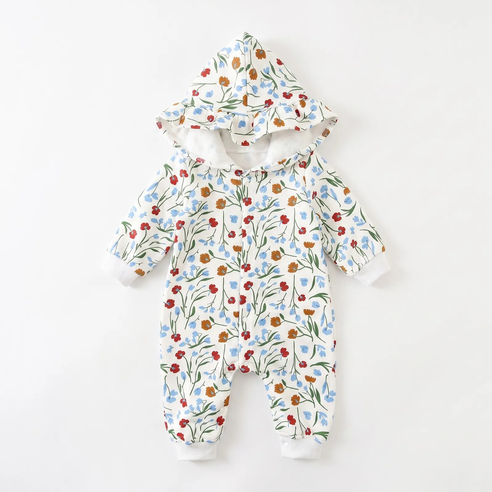 0-24M Newborn Kid Baby Girl Flower Print Clothes Winter Thick Warm Romper Long Sleeve Hooded Jumpsuit Cute Outfit