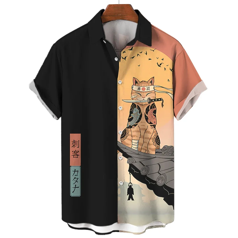 

Fashion Men's Clothing Cool Samurai Cat Tops Summer New Men's Clothing Casual Short-Sleeved Anime Loose Blouse Hawaiian Shirts