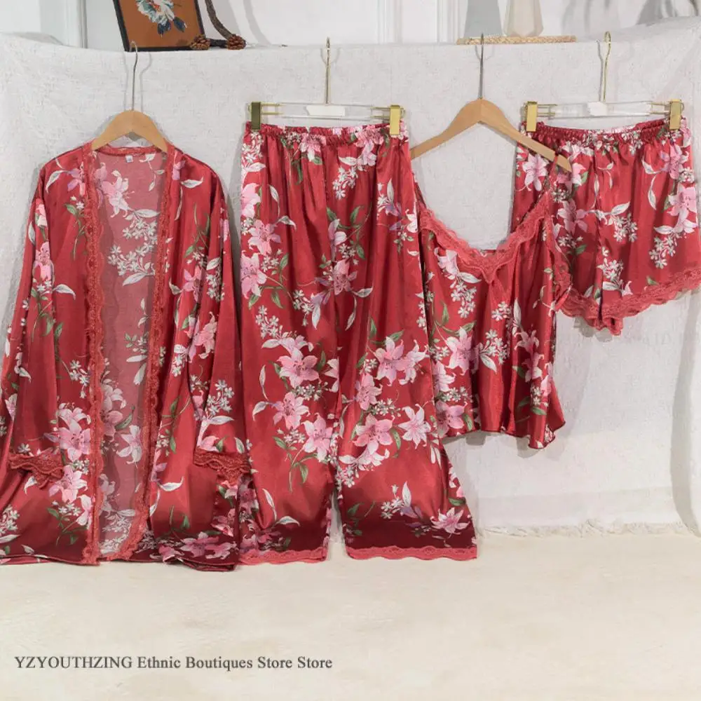 

Plus Size Female Pajamas Four Piece Suit Print Flower Kimono Bath Robe Gown Homewear Loose Satin Sleepwear Nightgown 3XL 4XL 5XL