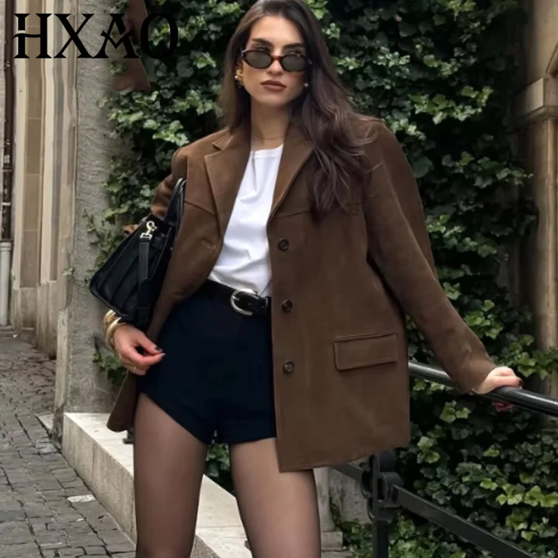 

HXAO Women's Blazer Outerwear Office Wear Suede Jacket For Women Long Sleeve Solid Blazer New In Jackets Old Money Long Blazer