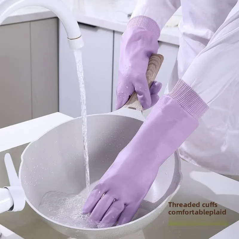 Dishwashing Gloves Women Waterproof and Durable Housework Laundry Thickened Velvet Warm Non-slip Fit Threaded Latex Rubber