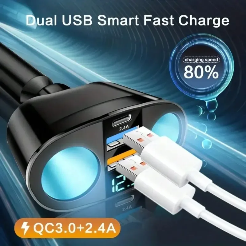 Car Charger Dual USB Ports 120W Super Fast Charging 360 Degree Rotation Type C Cigarette Lighters Sockets Interior accesories