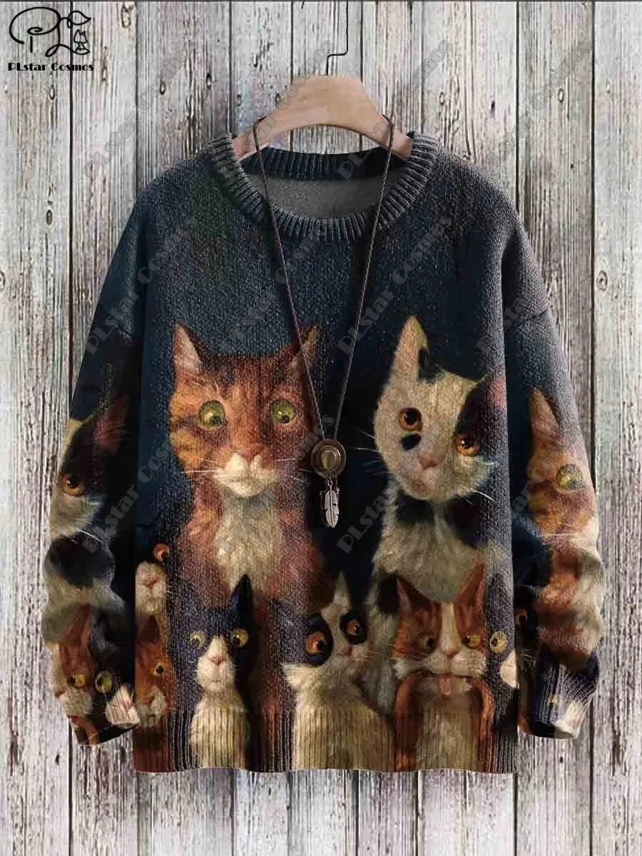 3D Printed Animal Series Retro Cute Cat Patterned Ugly Sweater Casual Unisex Winter Sweatshirt M-3