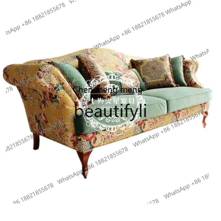 D178 أريكة خشبية صلبة من القماش الرعوي الأوروبي مفردة مزدوجة ثلاثية أريكة غرفة معيشة فيلا راقية كلاسيكية في الريف الأمريكي