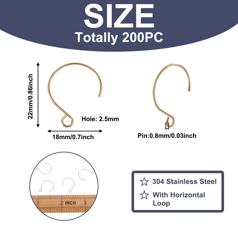 200pcs 304 Stainless Steel Earring Hooks Ear Wires with Horizontal Loop for DIY Earring Jewelry Findings Making 22x18mm