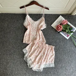 Sexy Leopard Suspender Pajamas Set Summer Women Silk Satin Sleepwear Intimate Lingerie Sweet Lace Trim Elastic Waist Home Wear