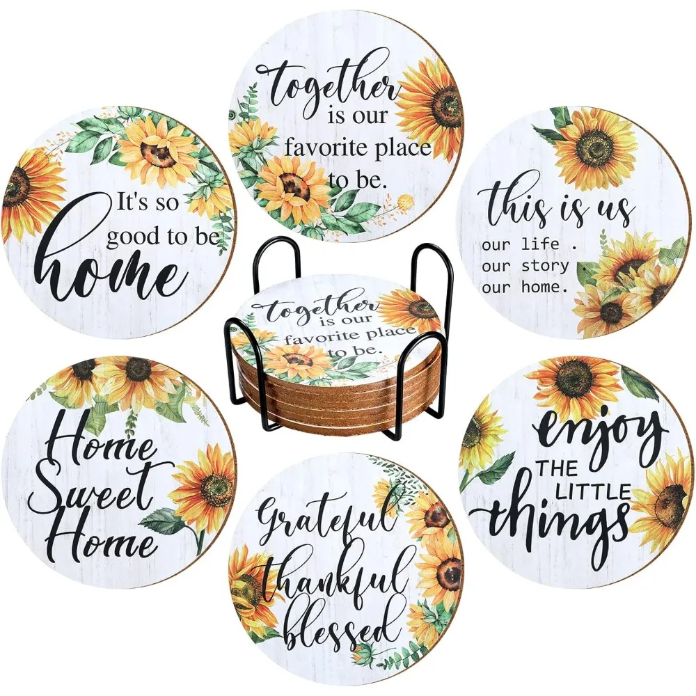 

Chengu 6 Pieces Vintage Sunflower Drink Coasters With Holder Absorbent Sunflower Wood Drink Coaster Thank You Gifts For Christma