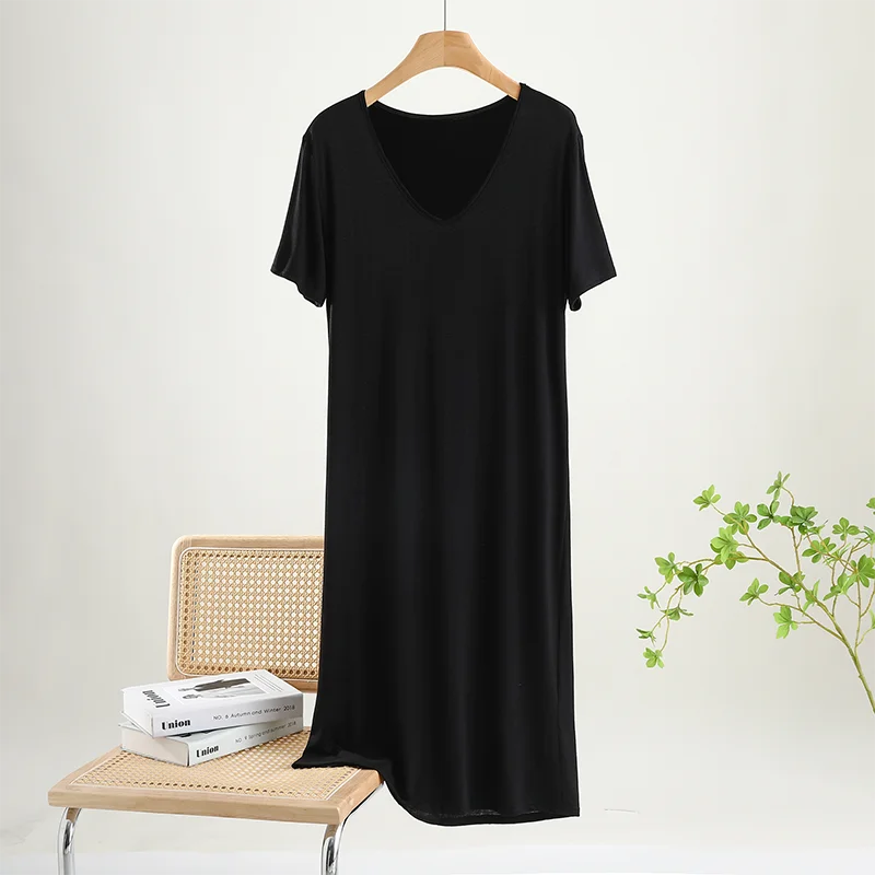 Modal Loose Fit Short Sleeve U-Neck Long Dress Summer Thin Outerwear Nightgown Home Dress  Color Simple Design Dress