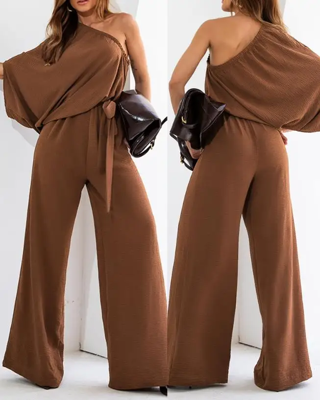 Jumpsuit Women 2025 Spring New Solid Color Cold Shoulder Batwing Sleeve Waist Lace Up Long Jumpsuit Casual Wide Leg Romper