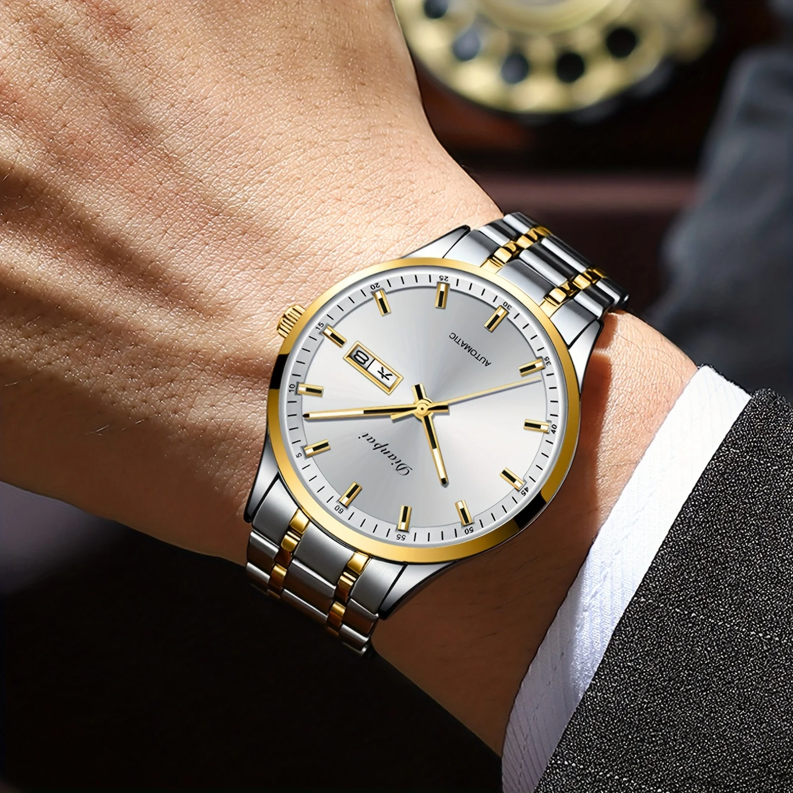 Dianpai classique affaires hommes entièrement automatique en acier inoxydable mouvement mécanique hommes veilleuse montre polyvalente