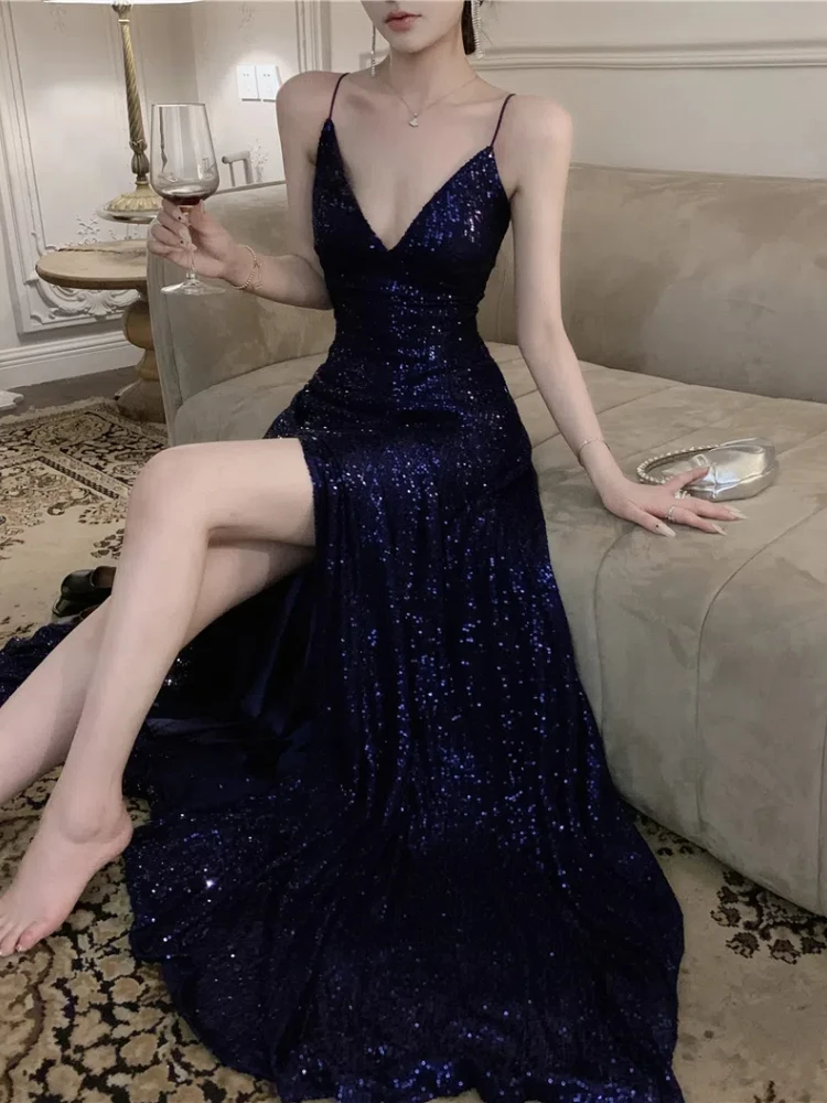 

Luxury Elegant Evening Party Birthday Wedding Maxi Dresses Women Summer Sleeveless Spaghetti Strap Backless Sequin Long Dress