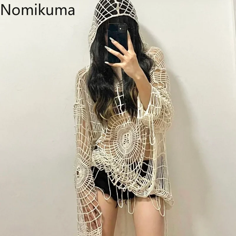 Nomikuma Veste Femme Spring Autumn Hooded Irregular Hole Hollow Out Jackets for Women 2022 Harajuku Punk Style Street Coat Women