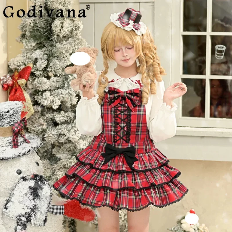 Red Christmas Cake Cute Plaid Slash Neck Jsk Suspender Skirt Fashion Versatile Age Reduction Long Sleeve White Shirt Cat Cape