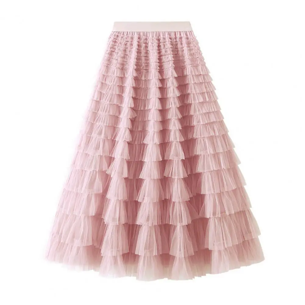 

Women Skirt High Waist A-line Big Swing Ruffle Scattered Hem Pleated Patchwork Princess Style Skirt