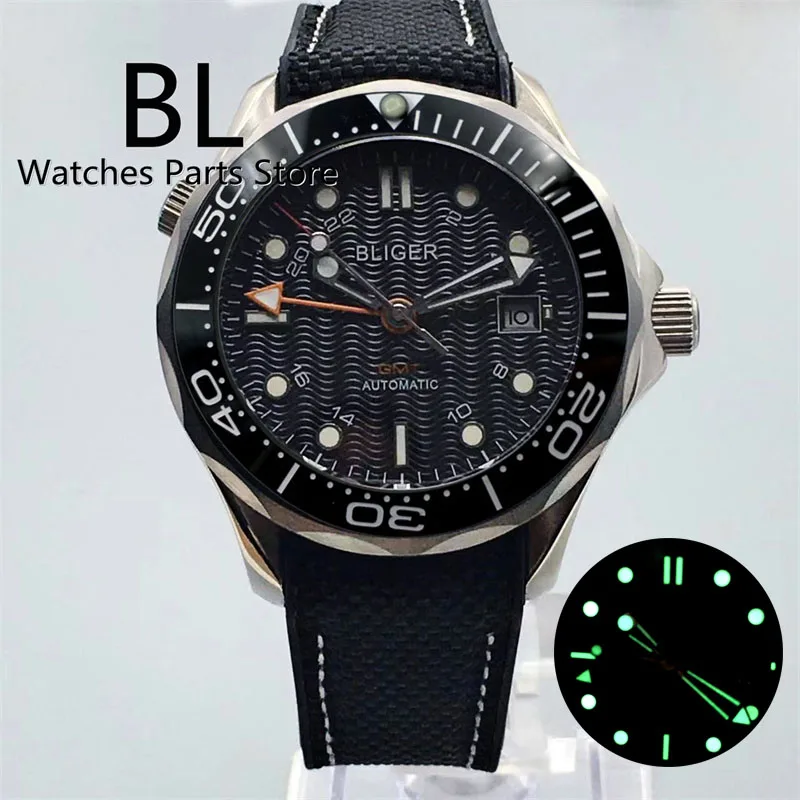 

BLIGER 41mm NH34 GMT Black Mechanical Men Watch Screw Crown Sapphire Glass Rubber Strap Rotaitng Bezel Ceramic Insert Luminous