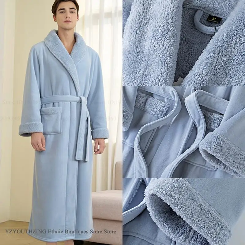 Double Layered Thick Coral Fleece Men's Long Robe Home Clothing Flannel Kimono Gown Bathrobe Couple Sleepwear Casual Lounge Wear