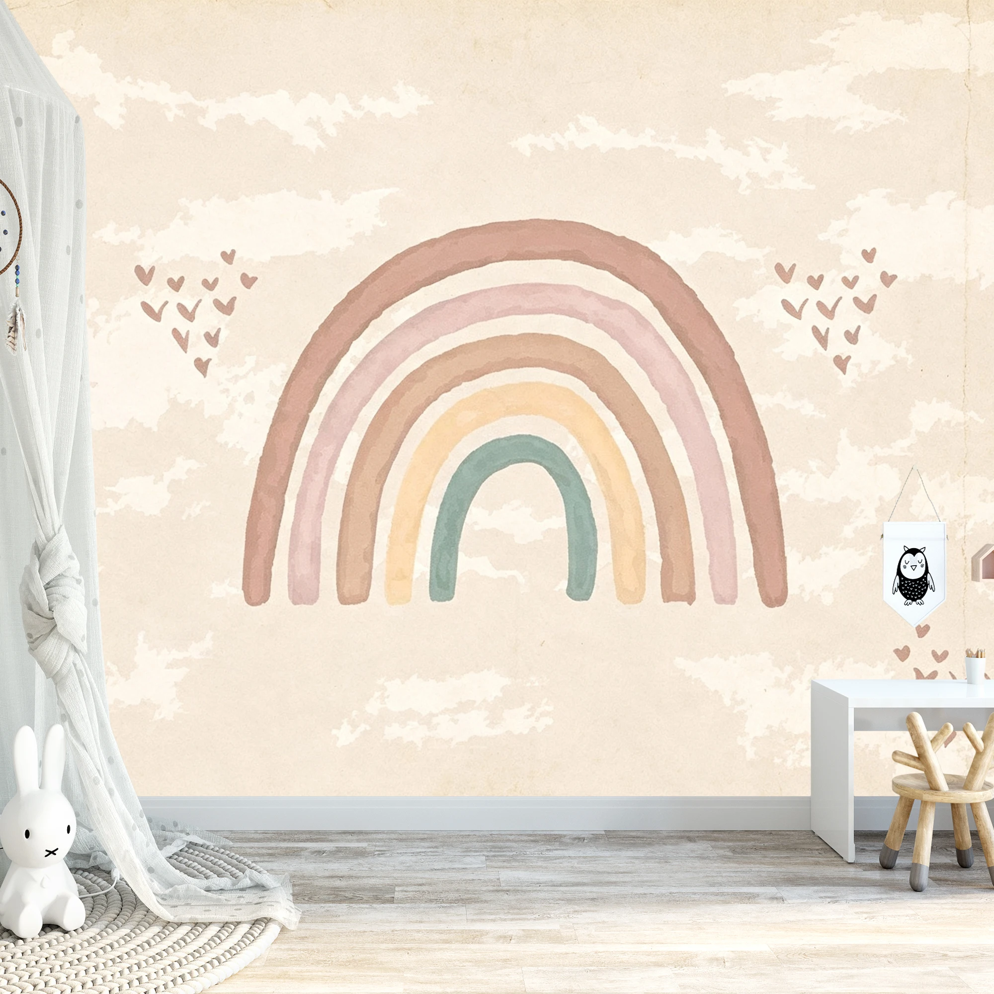 Milofi Custom Mural Wallpaper Boho Rainbow Cloud Heart Vintage Texture Kids Nursery Bedroom Wall Decor Papel De Parede