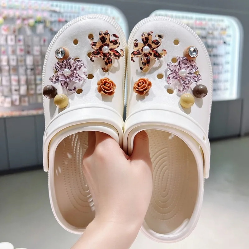 Sexy Leopard 3D Resin Iris Rose Flowr Pearl Shoe Charms Set DIY  Removable Clogs Sandals Decoration Accessories for Women Gifts