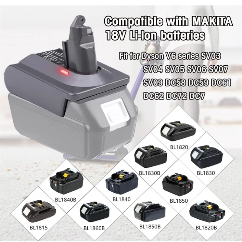 MT18V6 Battery Converter Adapter for Makita 18V Li-ion Battery Convert To For Dyson V6 V7 V8 SV04 SV03 DC59 DC58 DC62 SV09 SV05