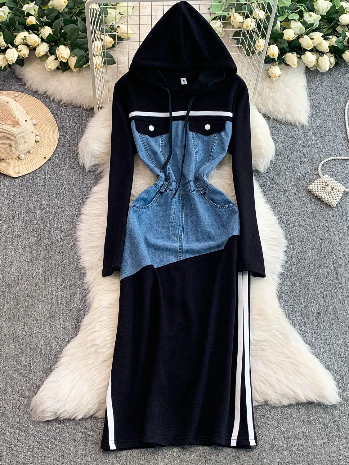 Elegancka koreańska spódnica damska z kapturem, wyszczuplająca, patchworkowa, jesienno-zimowa, z wysokim stanem, w paski, długa, modna, do pracy.