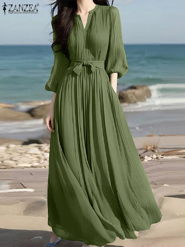 Elegante Maxi Vestito ZANZEA 2025 Donne di Estate 3/4 Manica Solido Pieghettato Con Scollo A V Lungo Vestito Estivo Cintura Casual Allentato Del Partito Abiti Robe