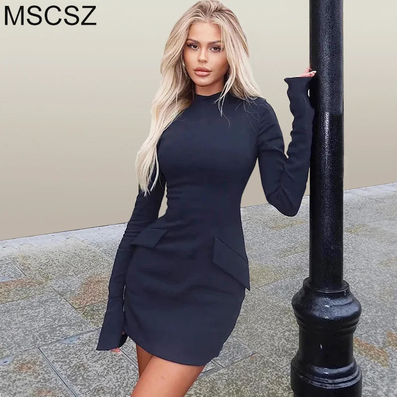 Mock Neck Long Sleeve Mini Dress Spring Autumn Bodycon Short Club Party Dresses For Women Elegant Black Office Dress With Pocket