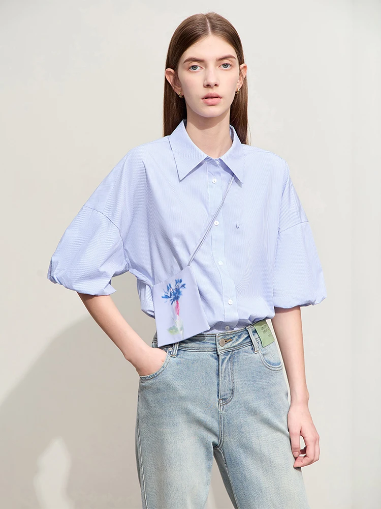 Amii Minimalism 2024 Shirts & Blouse Summer Casual Lapel With Removable Pocket Printed Striped Shirt Loose Women Tops 12442018