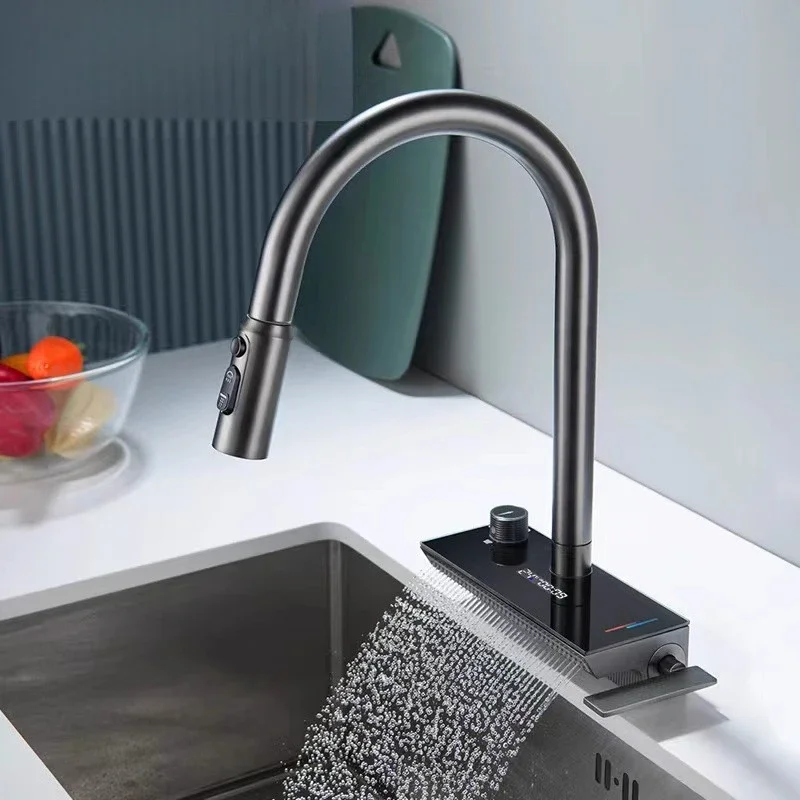 Grey kitchen pulling faucet Full light luxury copper digital display kitchen faucet High-end sink single hole hot and cold Taps