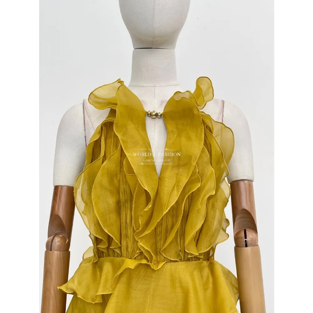 Yellow and Pink Sleeveless Pure Midi Dresses 2025 New Design High Quality