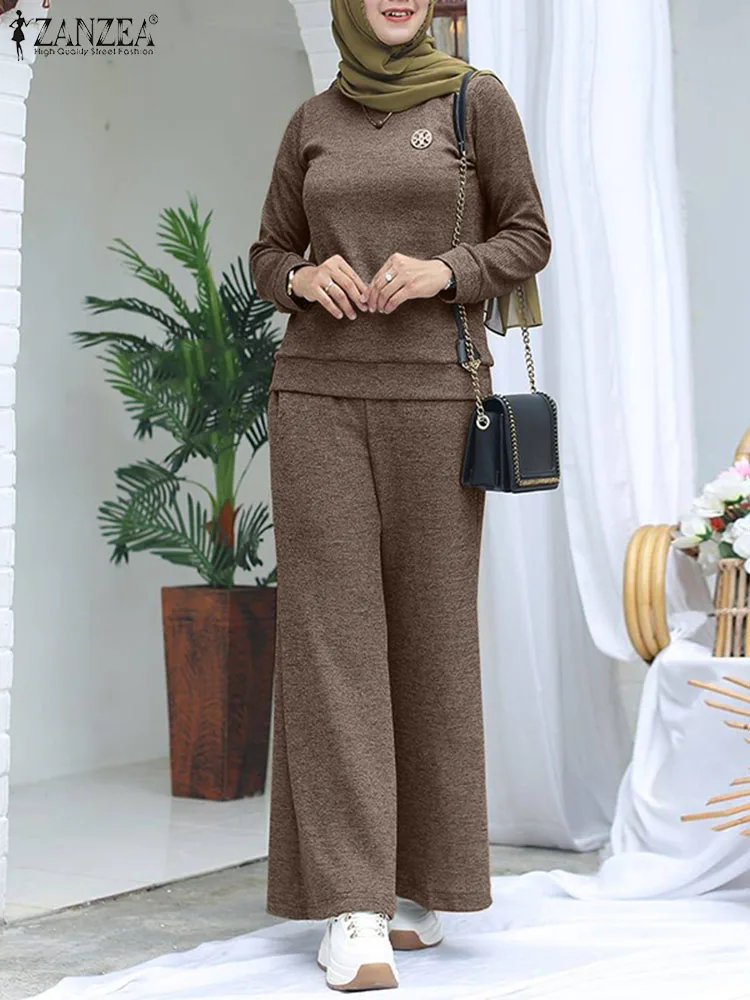 

ZANZEA 2pcs Fashion Long Sleeve O Neck Tops Wide Leg Pant Sets Spring Tracksuits Casual Suits Women Muslim Matching Sets Outifit