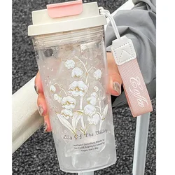 1Pc Pink Flower Plastic Water Cup Girls High Appearance Level Plastic Coffee Cup Portable Durable Leakproof Kettle