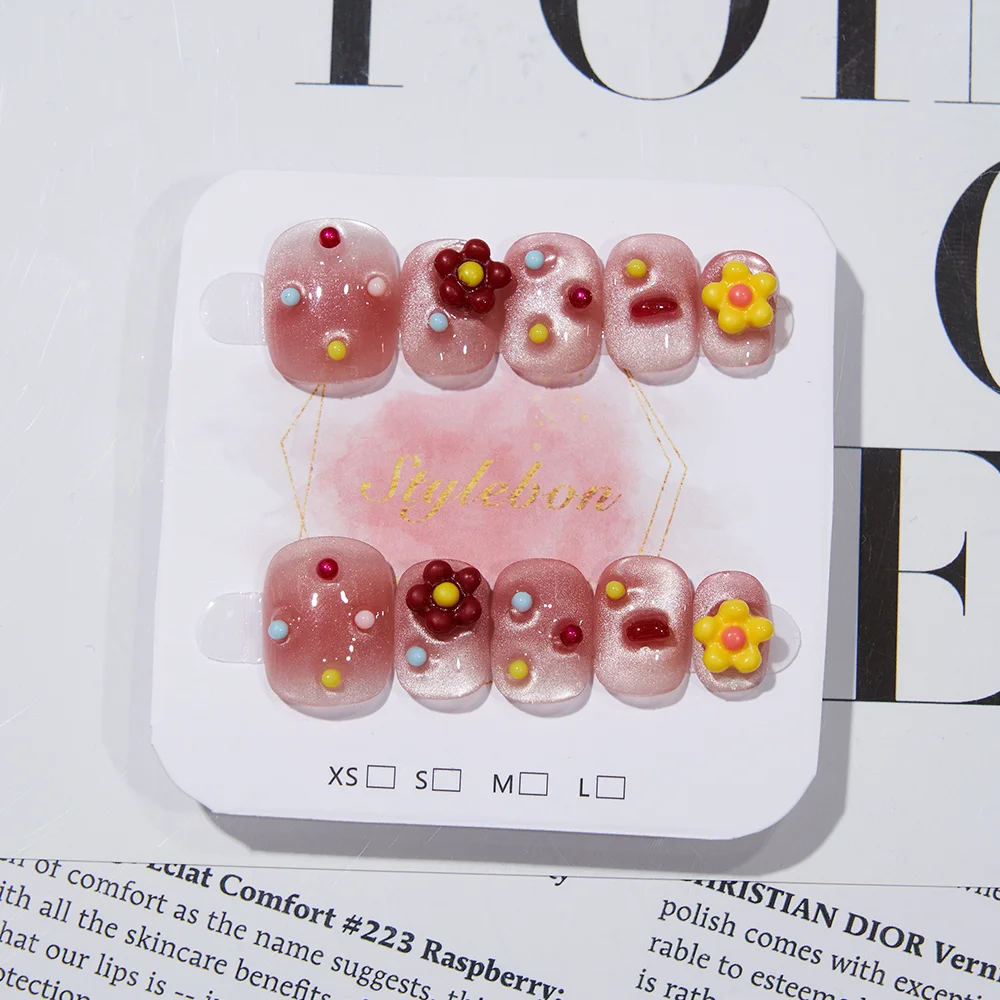 

10pcs Handmade Press on Nails Colorful Three-Dimensional Runny Small Flower False Nail for Women &Girl Detachable Wearable Nail