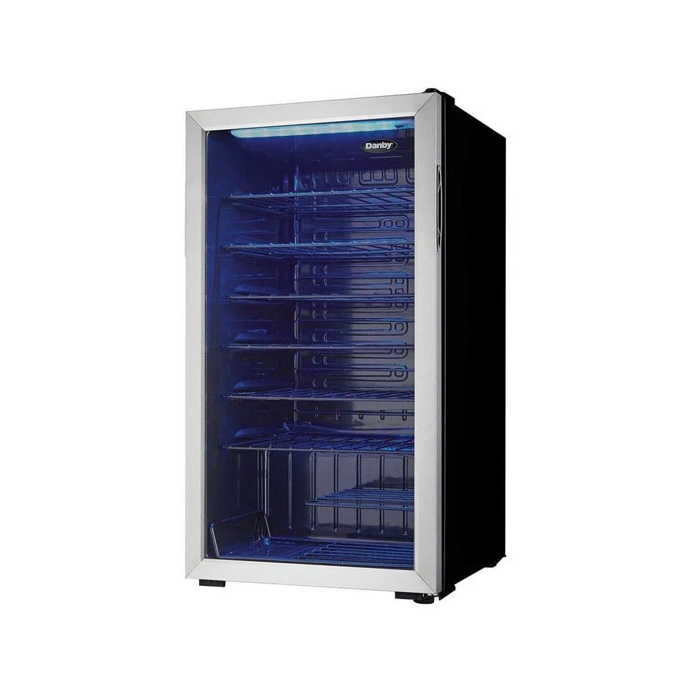 36 Bottle Stainless Steel Wine Cooler with Blue LED Lighting Tempered Glass Door Reversible Handle Black Wire Shelves Energy