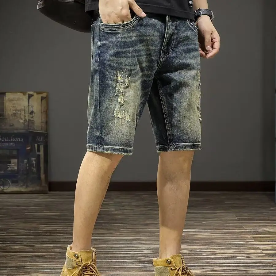 

Летние рваные джинсовые шорты в стиле ретро, облегающие универсальные полубрюки с прямыми штанинами, средние брюки, повседневные брендовые короткие джинсы с царапинами